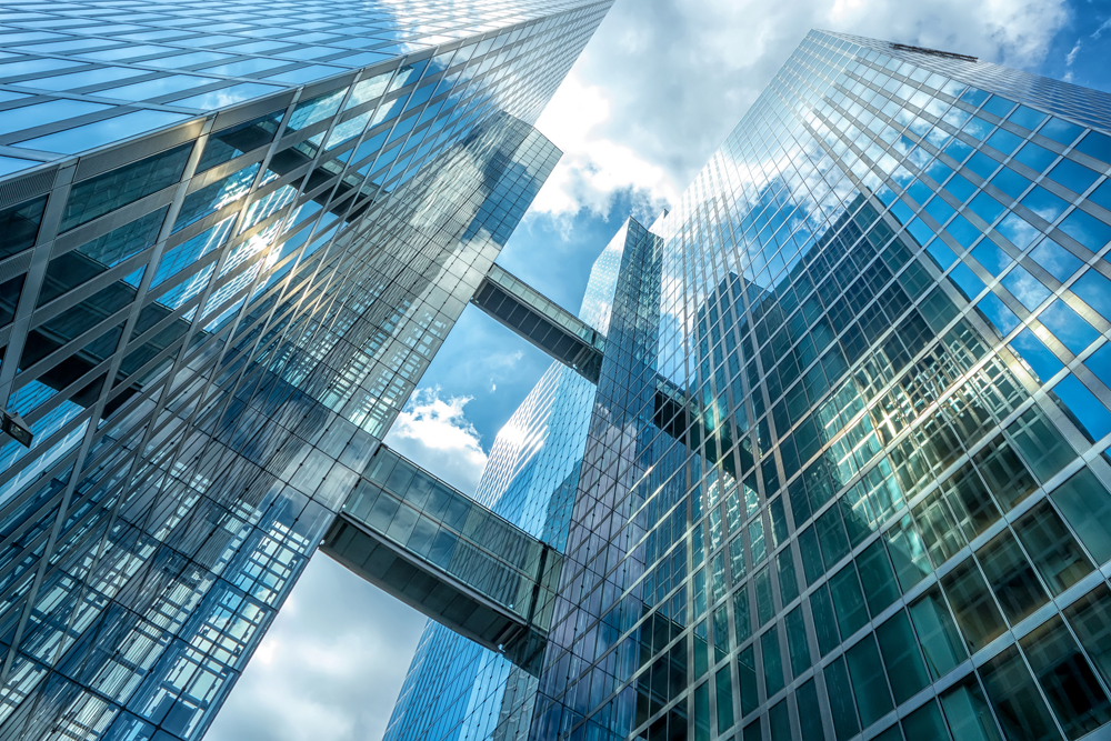 Details of skyscraper architecture in Munich against the sky